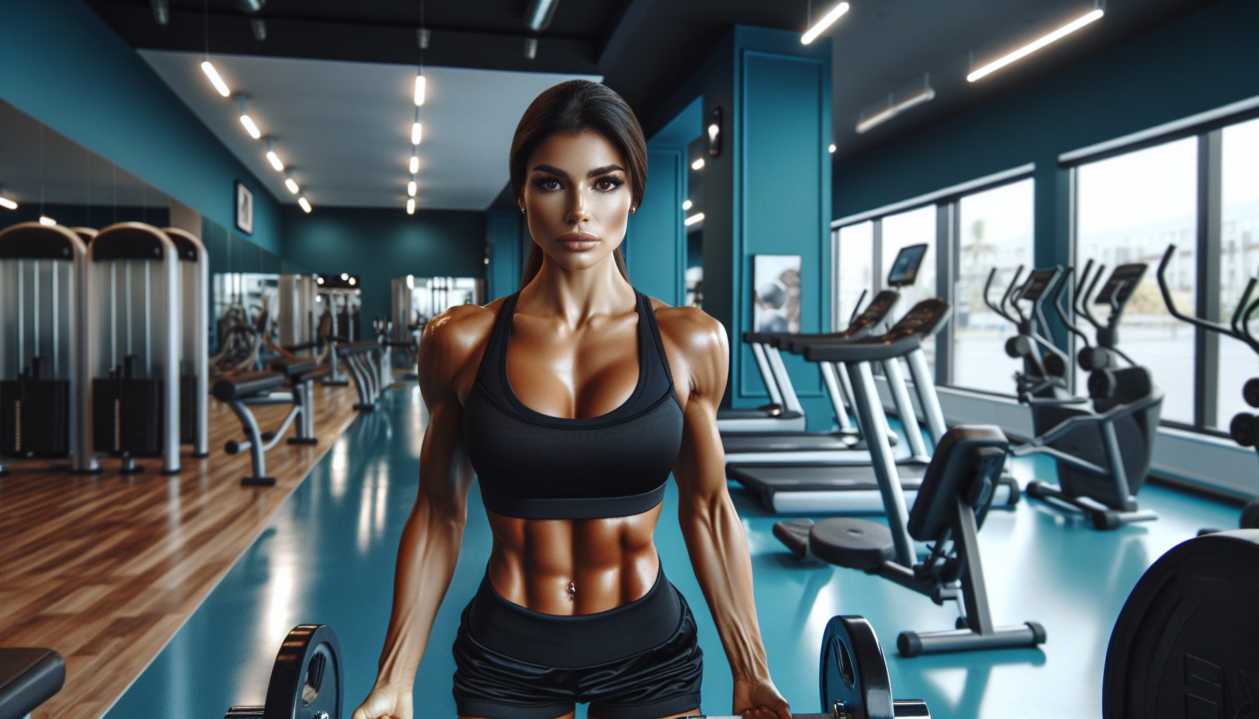 Persoon in sportschool heft gewichten, benadrukt spierdefinitie en fitheid.