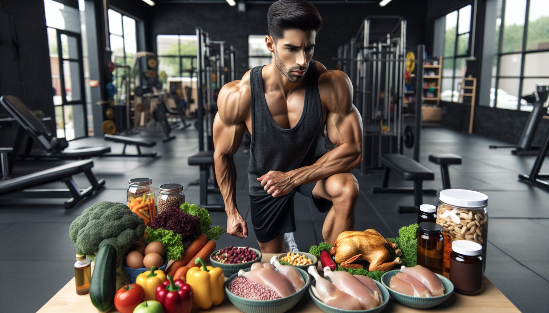 Gespierde man met gezonde voedingsmiddelen en supplementen in een sportschool
