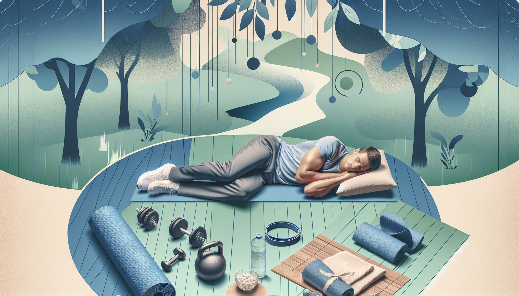 Een persoon die rustig slaapt, met fitness-elementen op de achtergrond.