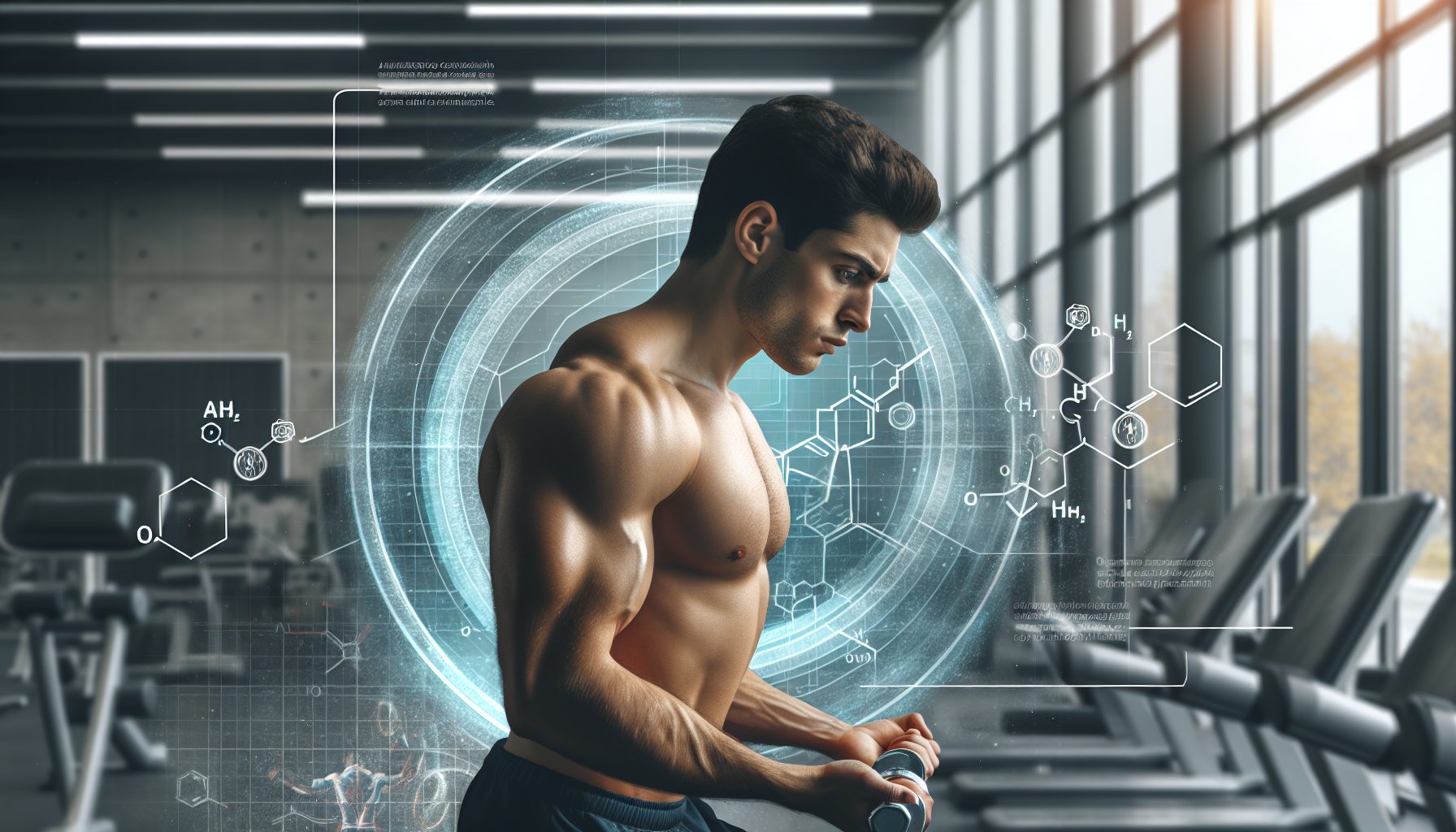 Gespierd persoon in fitness met diagrammen over anabolen