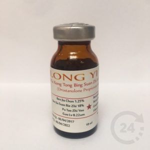 Bruin glazen flesje met zilveren dop, label met tekst 'LONG YI' en ingrediënten, anabool product van Anaboolkopen.