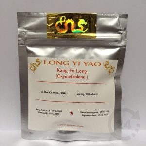 Zilveren verpakking met Long Yi Yao Kang Fu Long Oxymetholone 25 mg tabletten, productiedatum en vervaldatum vermeld.