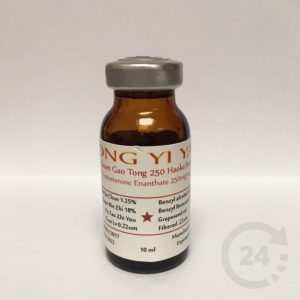 Bruin glazen flesje met zilveren dop, label met tekst over testosteron en ingrediënten, 10 ml inhoud.