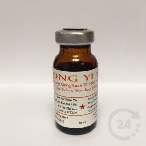 Bruin flesje met zilveren dop en etiket met Chinese tekst en Trenbolone Enanthate 200mg, merk Anaboolkopen.