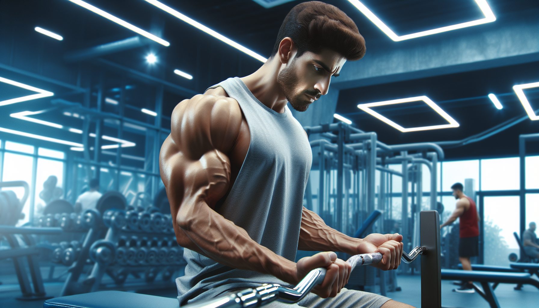 Een atleet met zichtbare spiermassa die anabolen gebruikt.