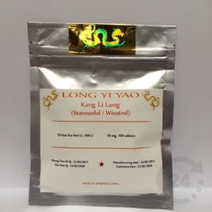 Verpakking Long Yi Yao Kang Li Long Stanozolol Winstrol, 10 mg, 100 tabletten, zilver met gouden draak logo.