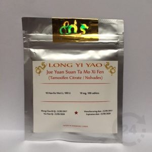 Verpakking van Long Yi Yao Tamoxifen Citrate tabletten, zilveren zak met rood en goud label, 100 stuks.